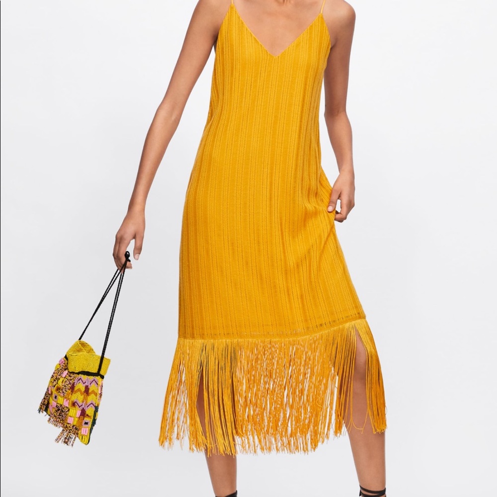 Zara Mustard Yellow Fringe Maxi Dress